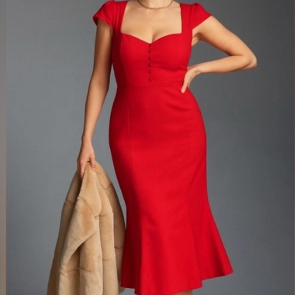 Anthropologie Red Square-Neck Midi Dress with Cap Sleeves XSmall